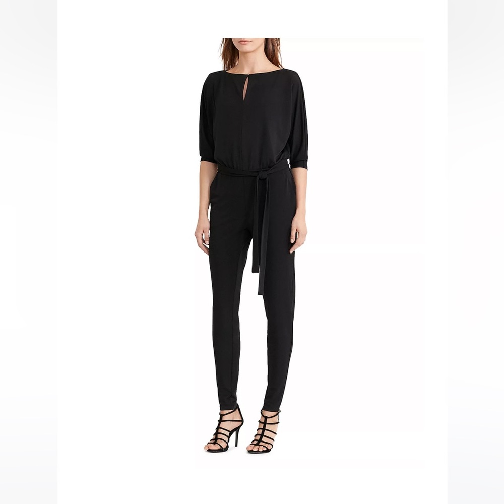 NWT Lauren by Ralph Lauren Keyhole belted slim jumpsuit SZ L Navy Sleek
